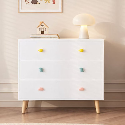 Kids Dresser Chest of Drawers, Wooden 3-Drawer Storage Cabinet with Colorful Drawer Panels & Cute Knobs, Bedroom Organizer with Solid Wood Legs for Nursery, Kids Room