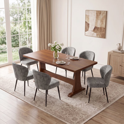 67.7" 6‑Seater Mid‑Century Modern Dining Room Furniture Set, Scratch‑Resistant MDF Kitchen Table with Curved Trestle Base & Ergonomic Padded Upholstered Chairs for Home Family