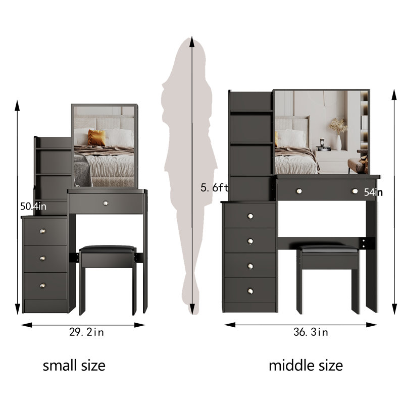 29.2" Small Space Left Bedside Cabinet Vanity Table + Cushioned Stool, Black