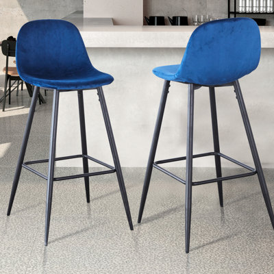 2 tabourets de bar, chaise à hauteur de comptoir en velours de 30 po avec dossier, pieds et repose-pieds en métal, assemblage simple, tabourets bleus pour la cuisine de 30 po avec repose-pieds à 2 pieds, installation facile