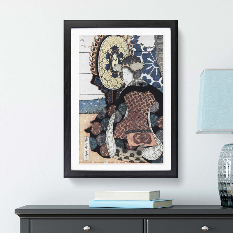 Women Playing a Drum by Yashima Gakutei - Picture Frame Painting Print, 36cm H x 27cm W x 2cm D, Black Framed