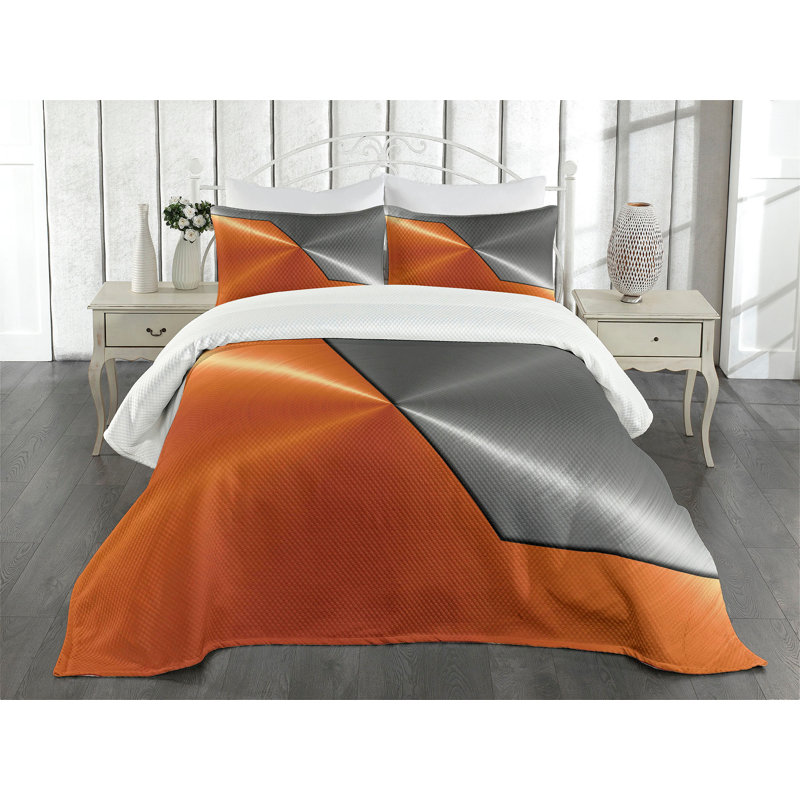 Queen Size Orange and Gray Quilted Polyester Bedspread Set