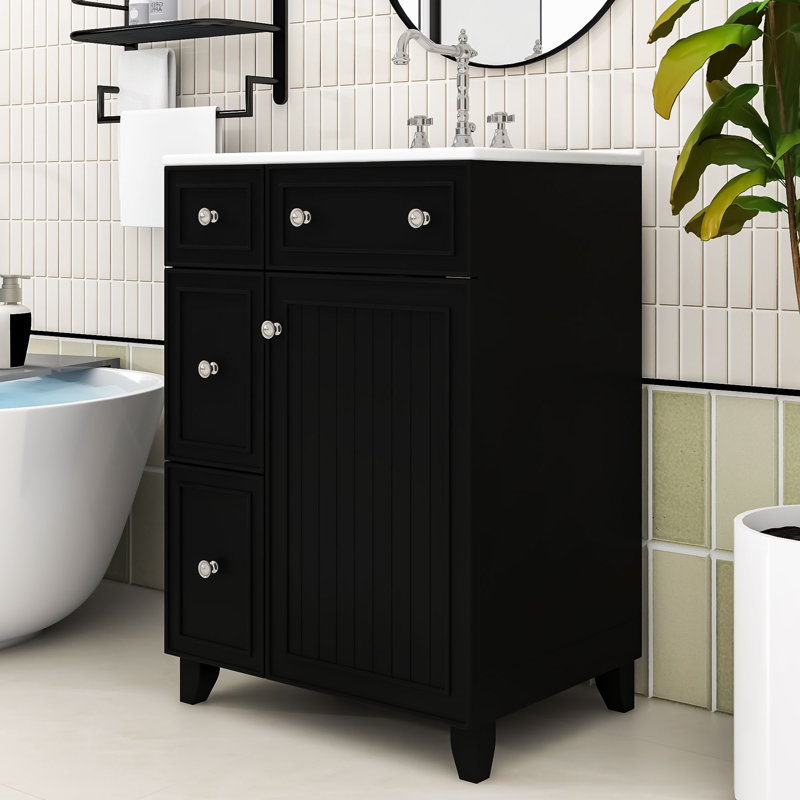 Meuble-lavabo simple autoportant avec deux tiroirs de rangement et lavabo en céramique Olguin, Noir