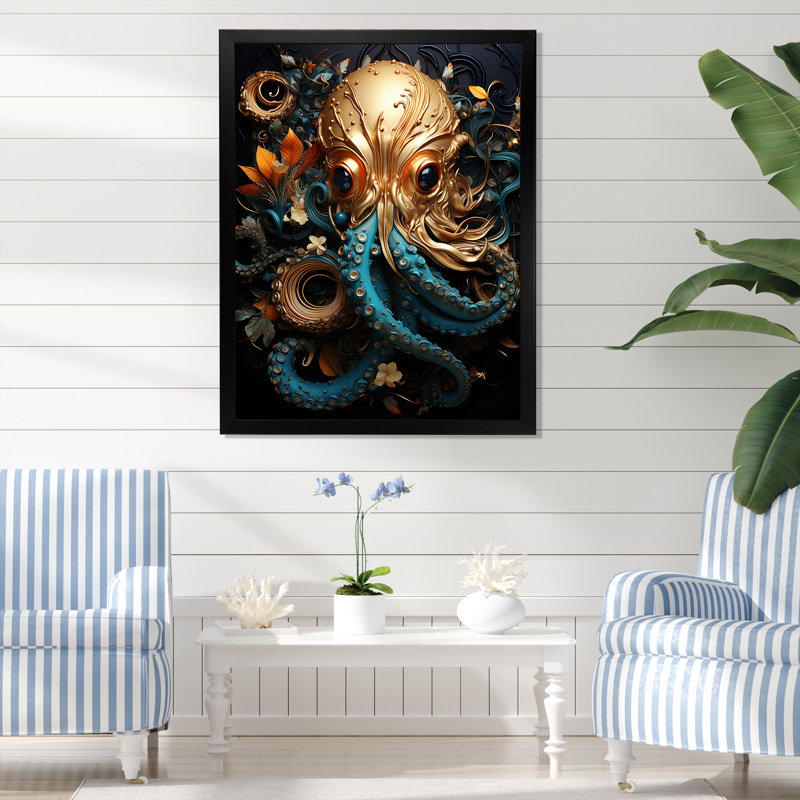 Pieuvre dorée sous l'eau sur toile, H 20 po x l 12 po x P 1 po, Cadre simple noir