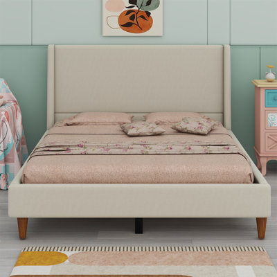 Upholstered Platform Bed With Wingback Headboard And Wooden Legs