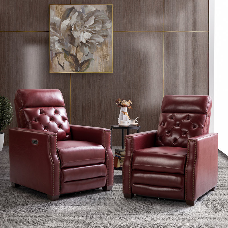 Gumesindo 31.50" Wide Genuine Leather Power Recliner, Burgundy Genuine Leather
