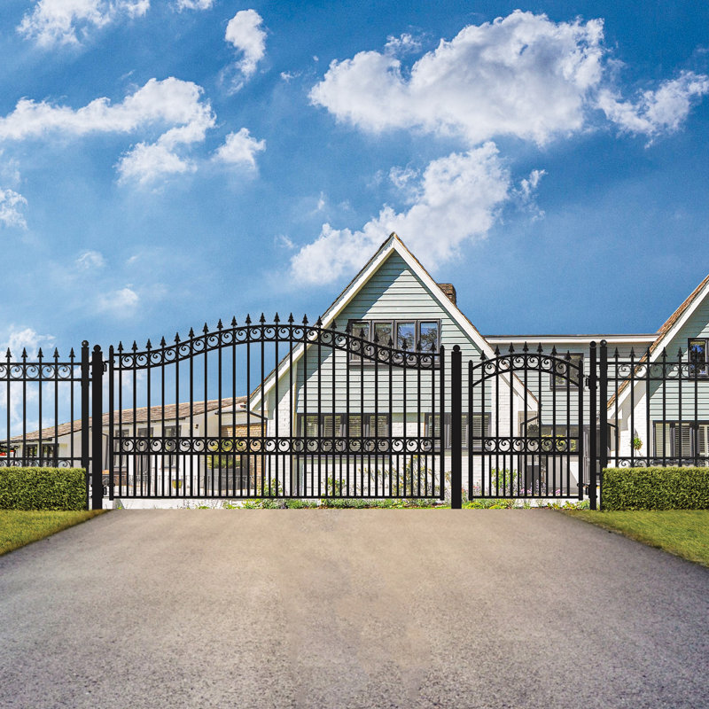 Black Steel Privacy Driveway Gate with Pedestrian Access