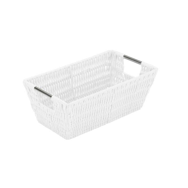 White Rectangular Rattan Storage Basket with Stainless Steel Handles