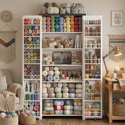 72" LED Craft Storage Cabinet With Adjustable Shelves, Sewing Organizer, Multi-Purpose Sewing Cabinet For Craft Room, Home Office Storage