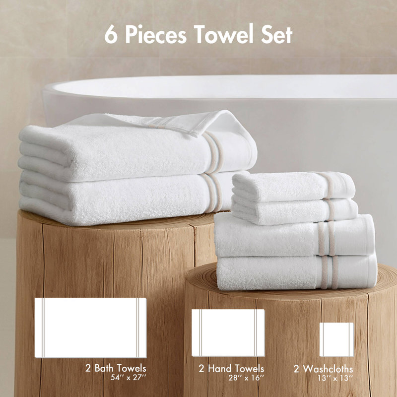 Roan Border 6 Piece Towel Set, White/Beige, 6-Piece
