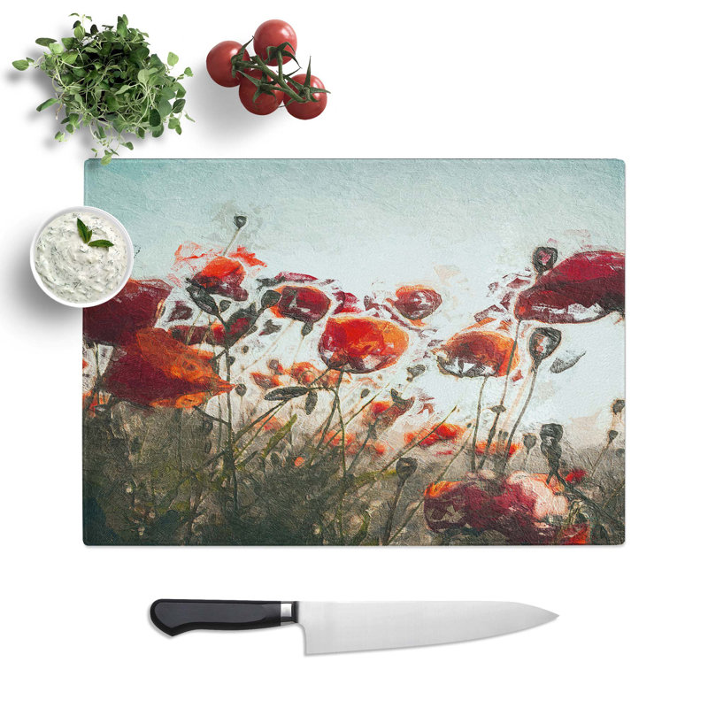 Tempered Glass Poppy Flowers Chopping Board, 39 cm W x 28.5 cm L