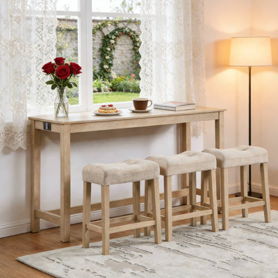 Sturdy Light Oak 4-Piece Bar Table Set With Power Outlet, 3 Padded Stools For Living Room Home Bar Den