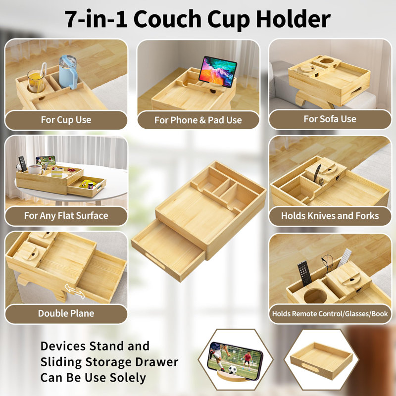 Couch Cup Holder, 7-In-1 Couch Arm Tray, Sofa Clip-On Side Table With Push-Pull Drawer To Organize And Store Small Objects, 360°Swivel Phone Holder, For Drinks, Cups, Snacks, Remote
