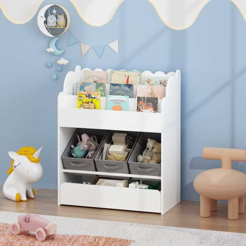 Bibliothèque pour enfants avec bacs de rangement et tiroir