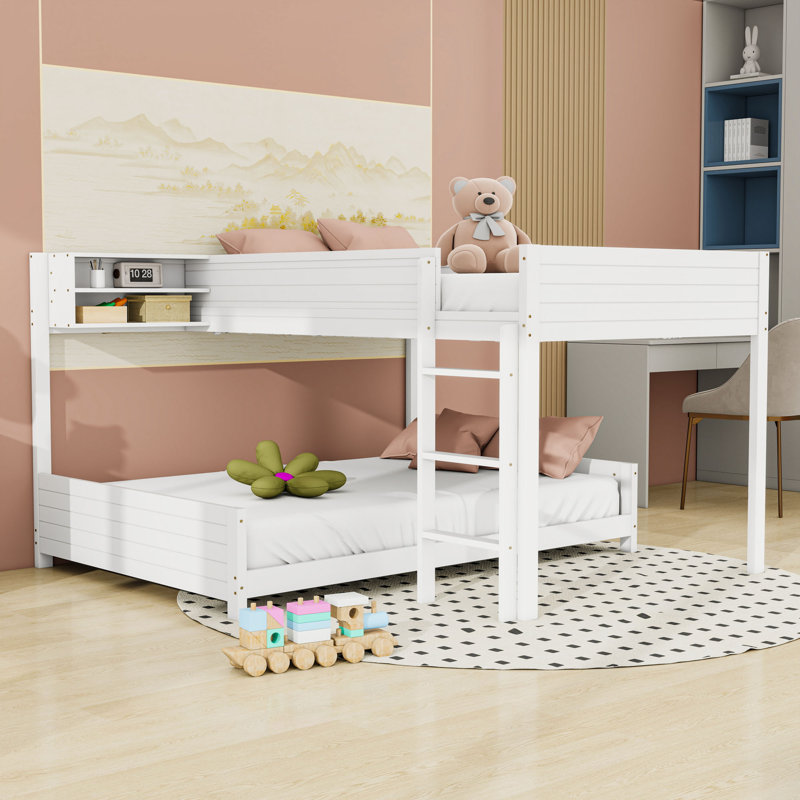 Lit superposé en bois double TG avec tablette de rangement intégrée et échelle de sécurité, White
