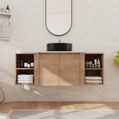Meuble-lavabo flottant simple 54 po avec lavabo en céramique, meuble-lavabo mural avec porte à fermeture en douceur et tablette