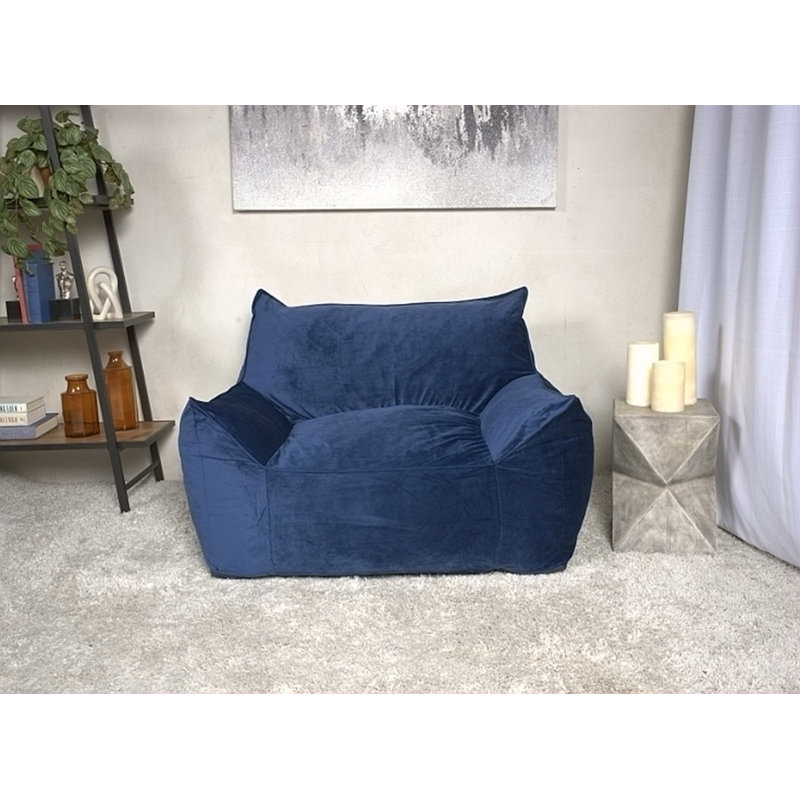 Velveteen Bean Bag Chair With Armrests, Navy Blue Velvet, 32.11" H x 42.11" W x 40.11" D