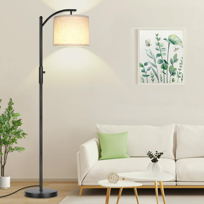 Dimmable Arc Floor Lamp With Linen Shade - Tall Standing Lamp With Rotatable Head For Living Room, Bedroom, Office