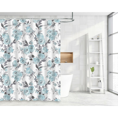 Waterproof Decor Luxury Soft Rich Printed Design Shower Curtain with Roller Hooks, Green Floral Pattern