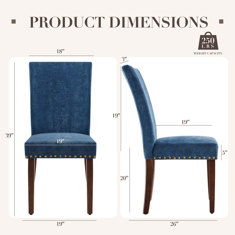 Upholstered Dining Side Chair with High Back and Nailhead Trim, Solid Wood Legs, Modern Parsons for Dining Room, Blue