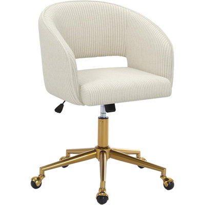 Fauteuil de bureau pivotant pour bureau à domicile, fauteuil de bureau en velours côtelé moderne, fauteuil à hauteur ajustable avec base dorée, fauteuil de bureau ergonomique pour salle d'étude de meuble-lavabo, beige