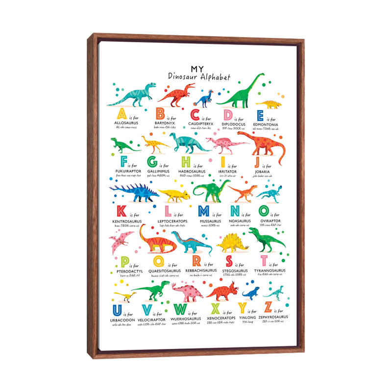 Dinosaur Alphabet - impression d'art graphique, Pas de tapis, Toile avec cadre brun, H 40 po x l 26 po x P 1,5 po