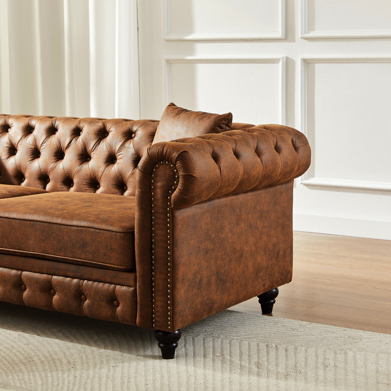 Canapé 3 places en tissu technique de 217 cm (85,5 po) avec accoudoirs arrondis, capitonnage et 2 coussins pour bureau - Confortable et moelleux, structure pour trois personnes, accoudoirs arrondis, style salon, mousse haute densité.