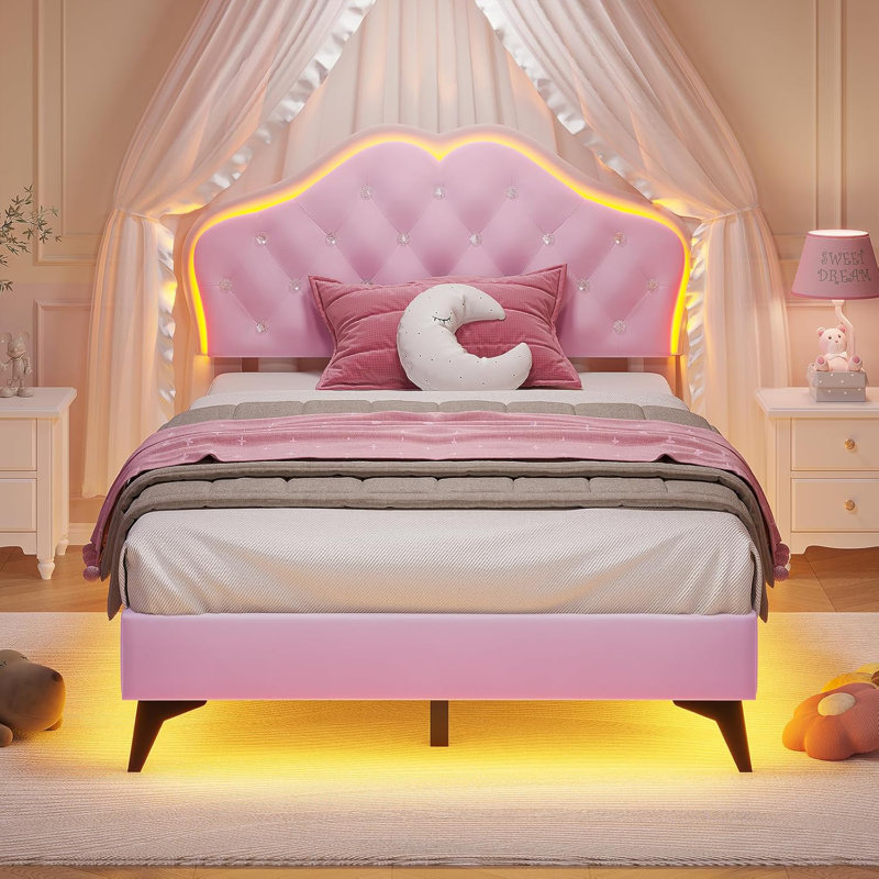 Princess Style Velvet Upholstered Scalloped Platform Bed, Twin, Pink