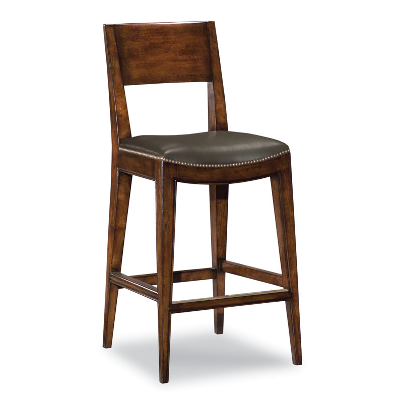 Cashiers Upholstered Stool with Solid Wood Frame, Bordeaux Leather/Cocoa Frame, Counter Stool (24" Seat Height)