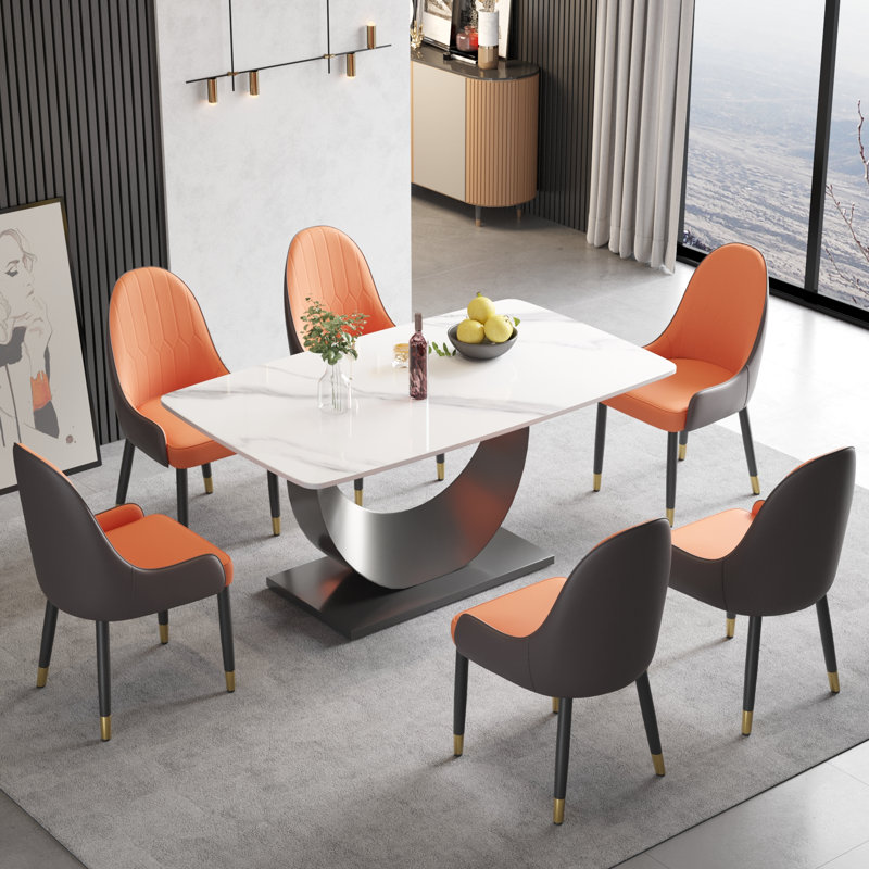 7 - Piece Stone Pedestal Dining Table Set, White, Orange/Black