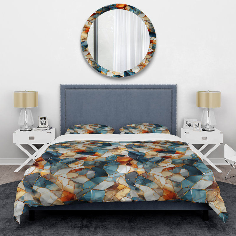 Ensemble de housse de couette en marbre bleu sarcelle et orange Kaenon, Housse de couette pour grand lit et 2 taies décor