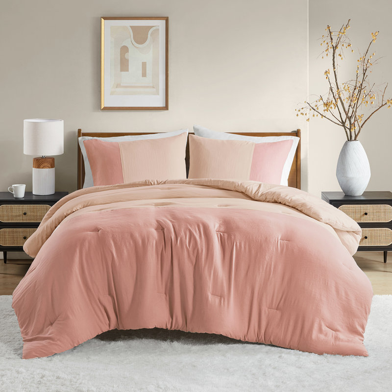 Miro Soft Washed Color Block Comforter Set, Twin/Twin XL Comforter + 1 Standard Sham, Pink