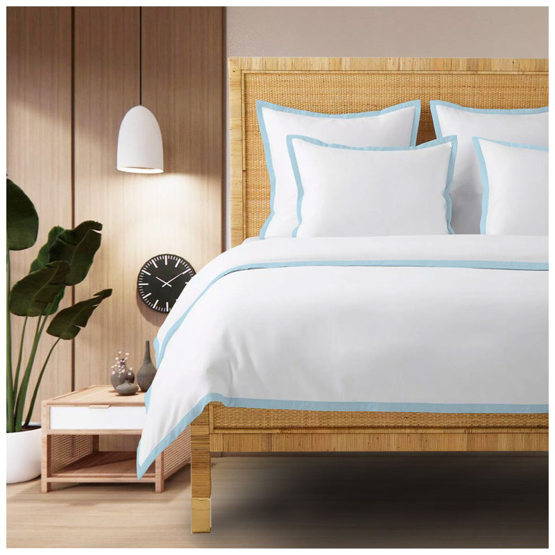 400TC Cotton Sateen Edge Border Frame Duvet Cover Set, Twin XL Duvet Cover + 2 Standard Shams, White/Light Blue