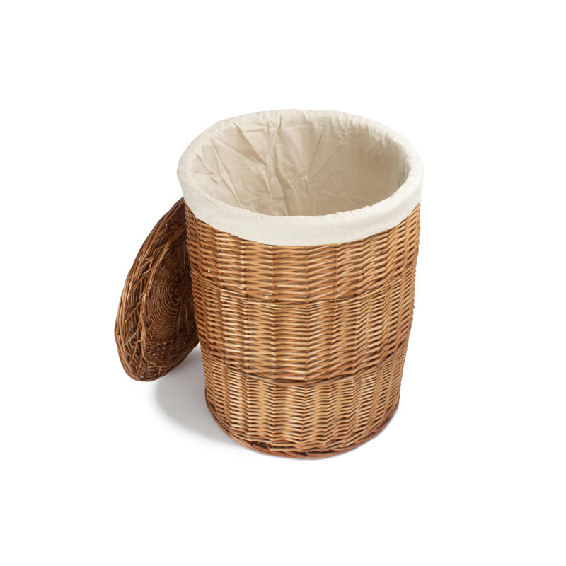 Wicker Round Laundry Hamper Basket with Lining, Light Steamed/White, 60cm H x 46cm W x 46cm D
