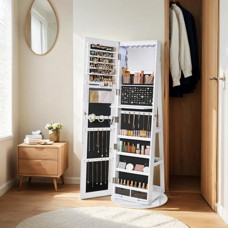 21.5'' Wide Freestanding Jewelry Armoire with Mirror,LED, White/Black