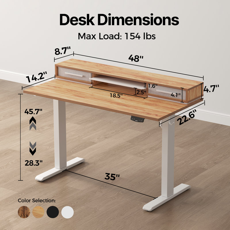 48" Electric Standing Desk With Drawers, Height Adjustable Desk With Retractable Storage Shelf, Stand Up Home Office Computer Table