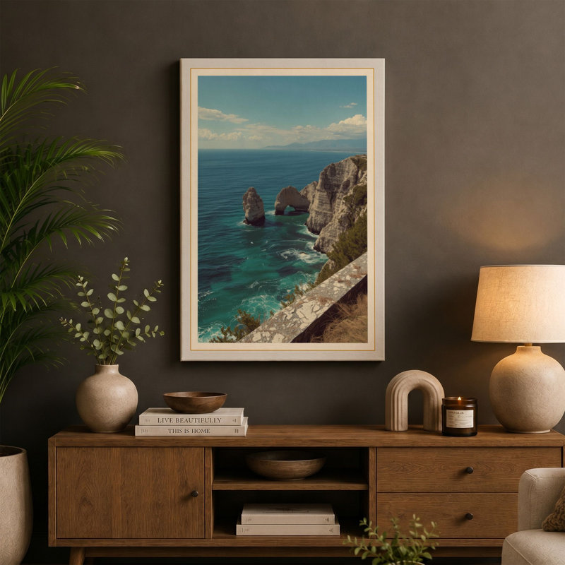 Cliff and Sea Coastal - Wrapped Canvas, 18x12 - 45.7 x 30.5 cm, Ochre Border