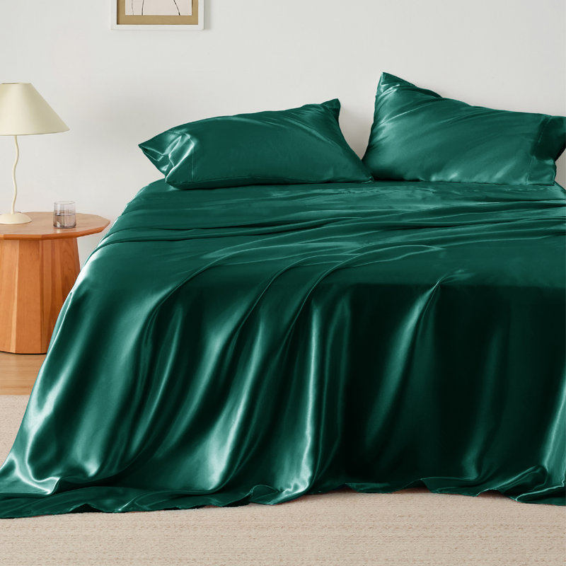 Ensemble de draps en satin pour lit double - 4 pièces de draps soyeux avec poche profonde de 15 po (double, vert clair)