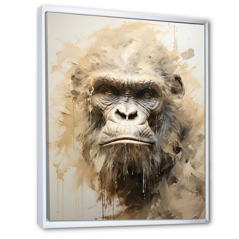Portrait d'un gorille beige sur toile, Cadre flottant blanc, H 20 po x l 12 po x P 1 po