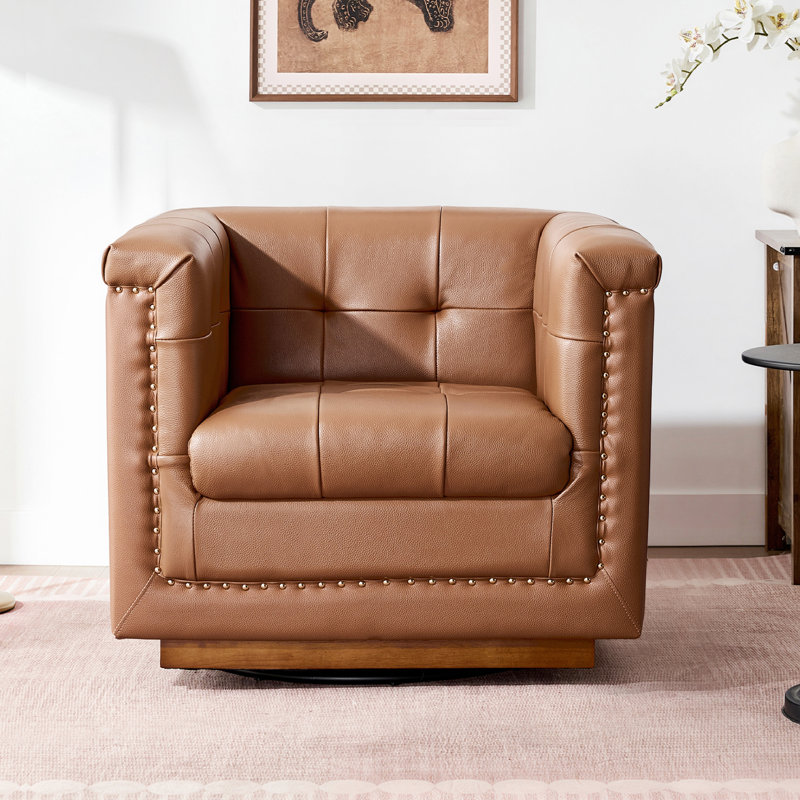 Fauteuil demi-tonneau pivotant carré en cuir véritable 33 po avec structure en bois massif, Camel