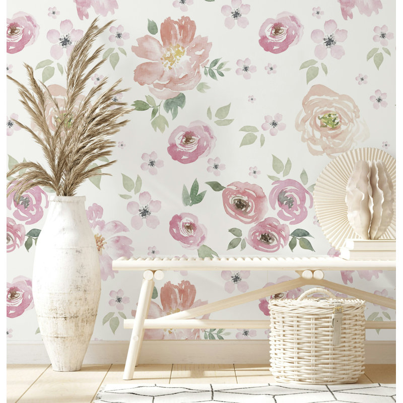 Papier peint floral aquarelle rose tendre sur fond blanc, L 37 po x l 56 po