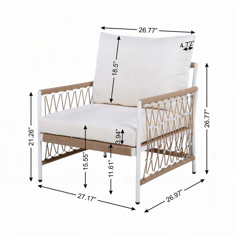 Outdoor Lounge Chair with Handwoven Rope & Powder-Coated Steel Frame, Waterproof Cushions - Patio, Garden
