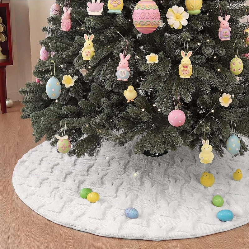 White Plush Faux Fur Bunny Love Heart Tree Skirt – Romantic Holiday Tree Base Mat for Easter & Seasonal Decor