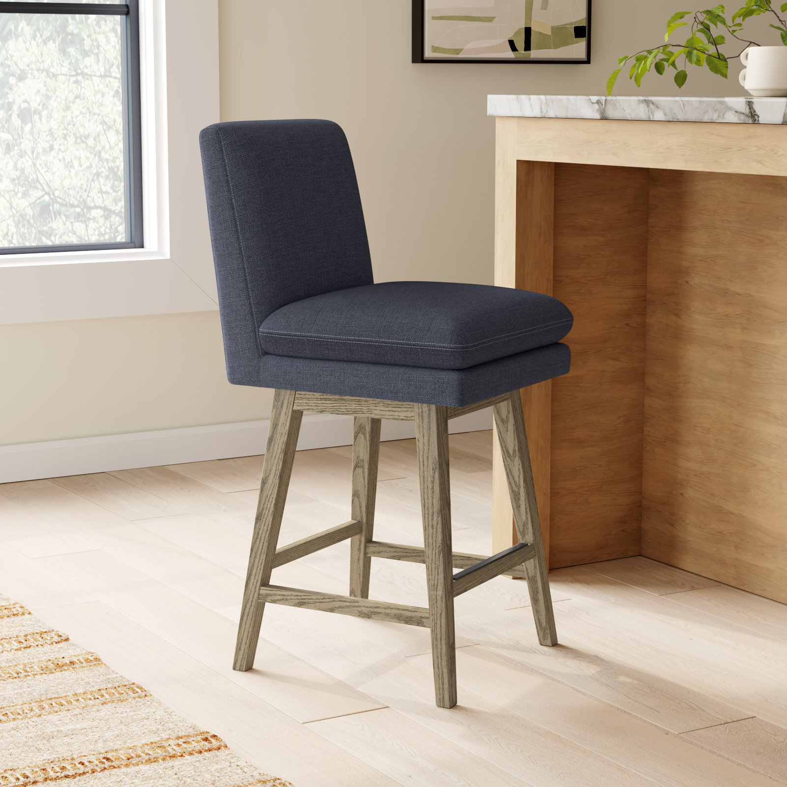 Bethea 27" Swivel Bar Stool, Effie Insignia Blue Performance Linen