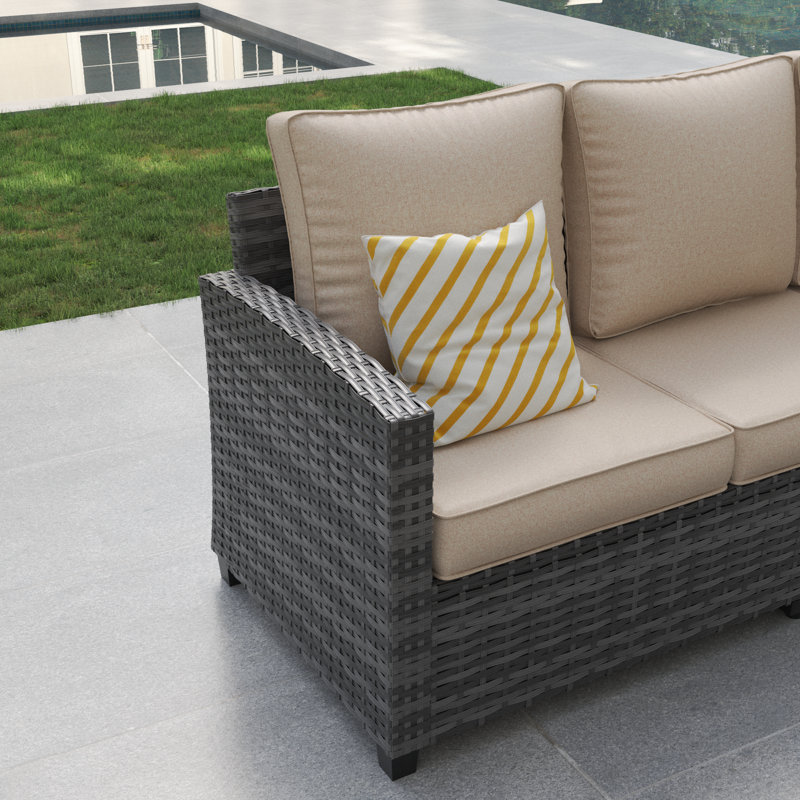 3-Person Patio Conversation Sofa, Beige Cushion/Gray Frame