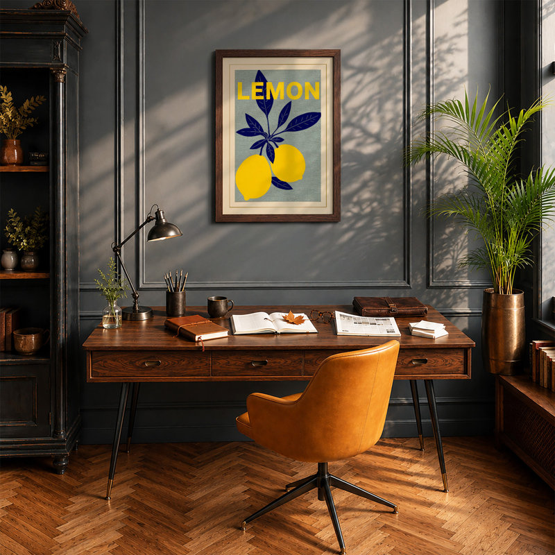 Lemon Modern Poster Mid-Century - Framed Print, A4 - 29.7 x 21.0 cm, Walnut