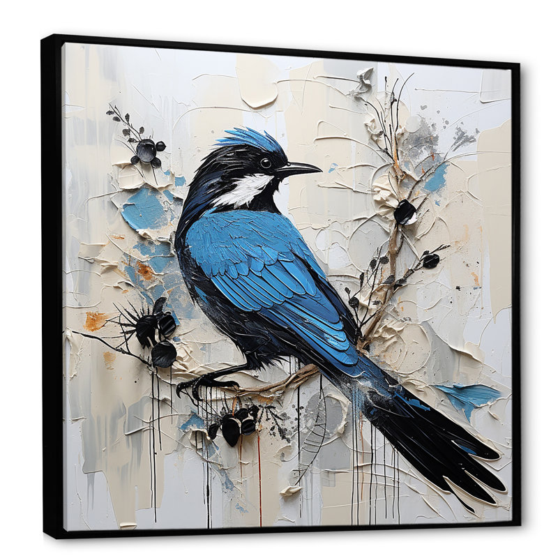 Oiseau, minimalisme, fleurs blanches, œillet II encadré sur toile, Noir, H 16 po x l 16 po x P 1 po