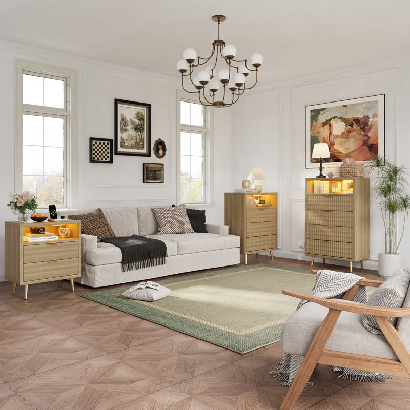 Commode à 3 tiroirs cannelée pour chambre à coucher, commode moderne avec lumières DEL intégrées et conception à devant ondulé, grande commode de rangement