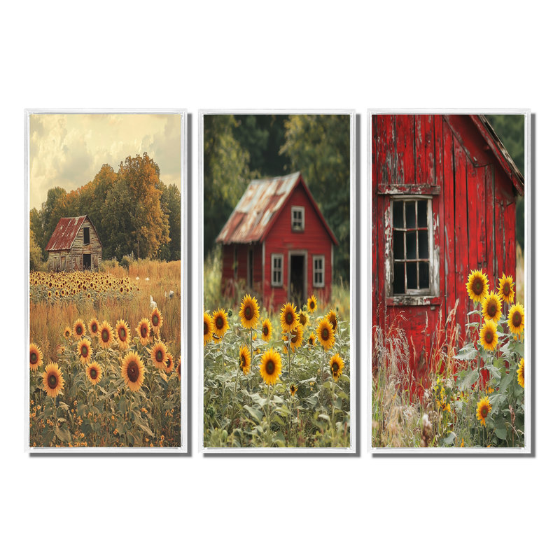 Tournesols par le poulailler I - Collection de décorations murales tournesols, Impression encadrée flottante, Blanc