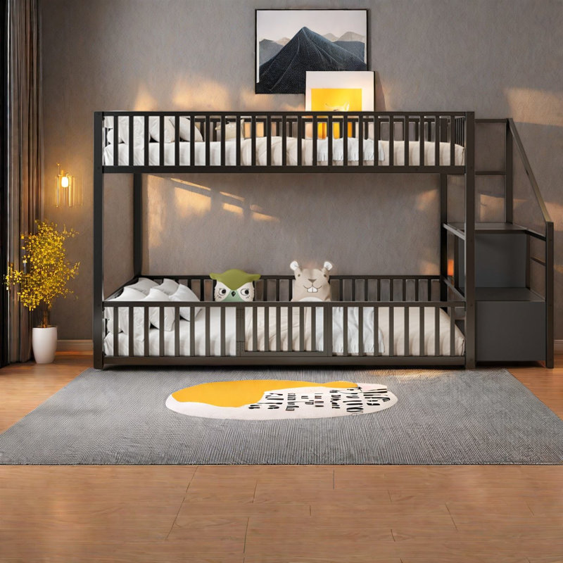 Lits peu encombrants avec échelle de rangement, chambre d'enfant moderne en métal noir